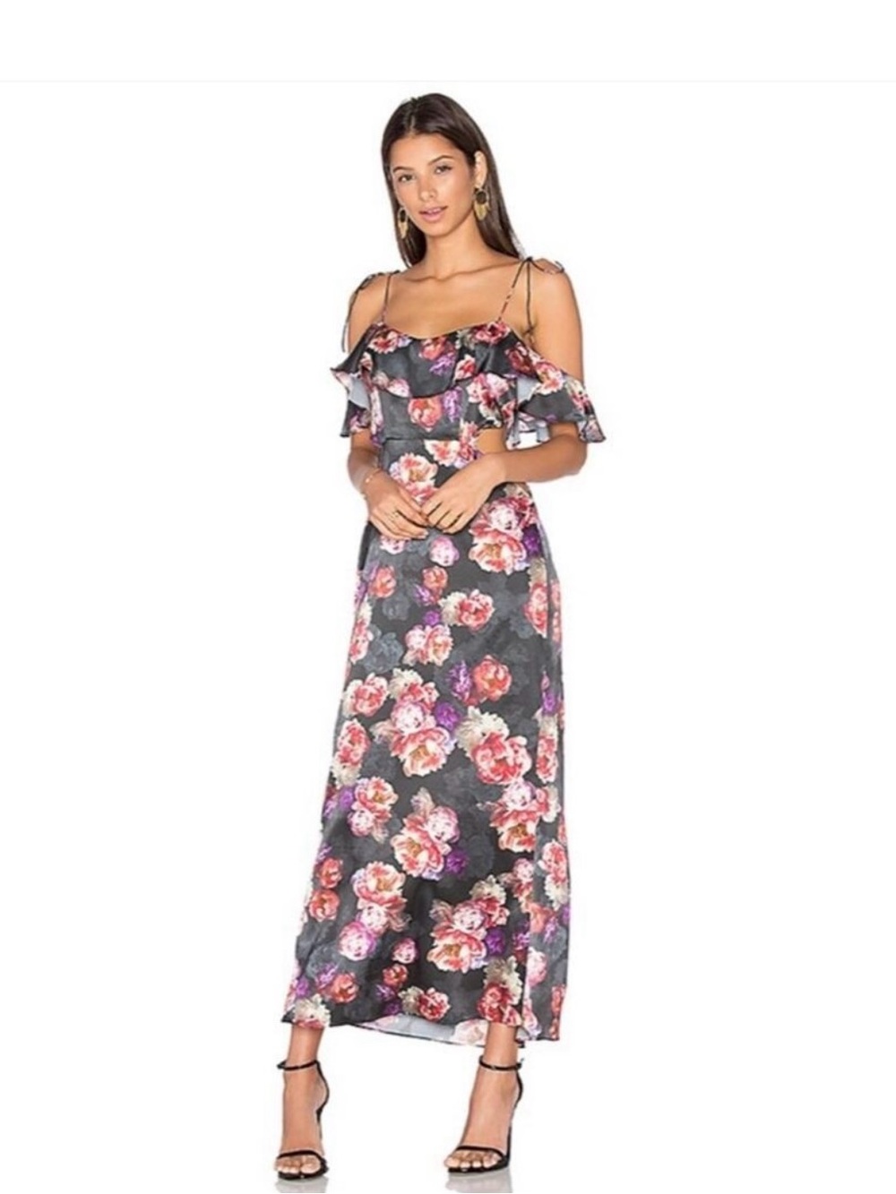 LPA Silk Midi Dress - Soft Black with Roses - Size Large